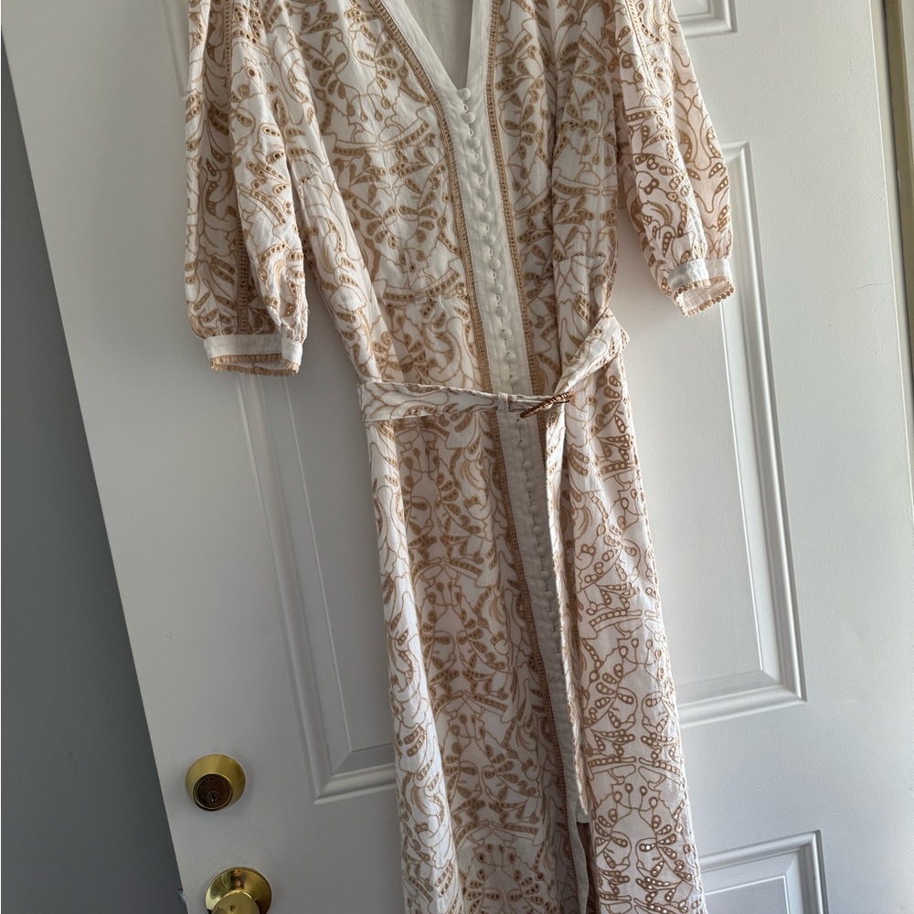 Cream and Brown Full-Length Robe with Elegant Pattern